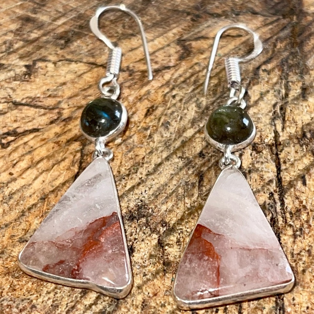 Labradorite & Phantom Fire Quartz Earrings 2” - Picture 9 of 13